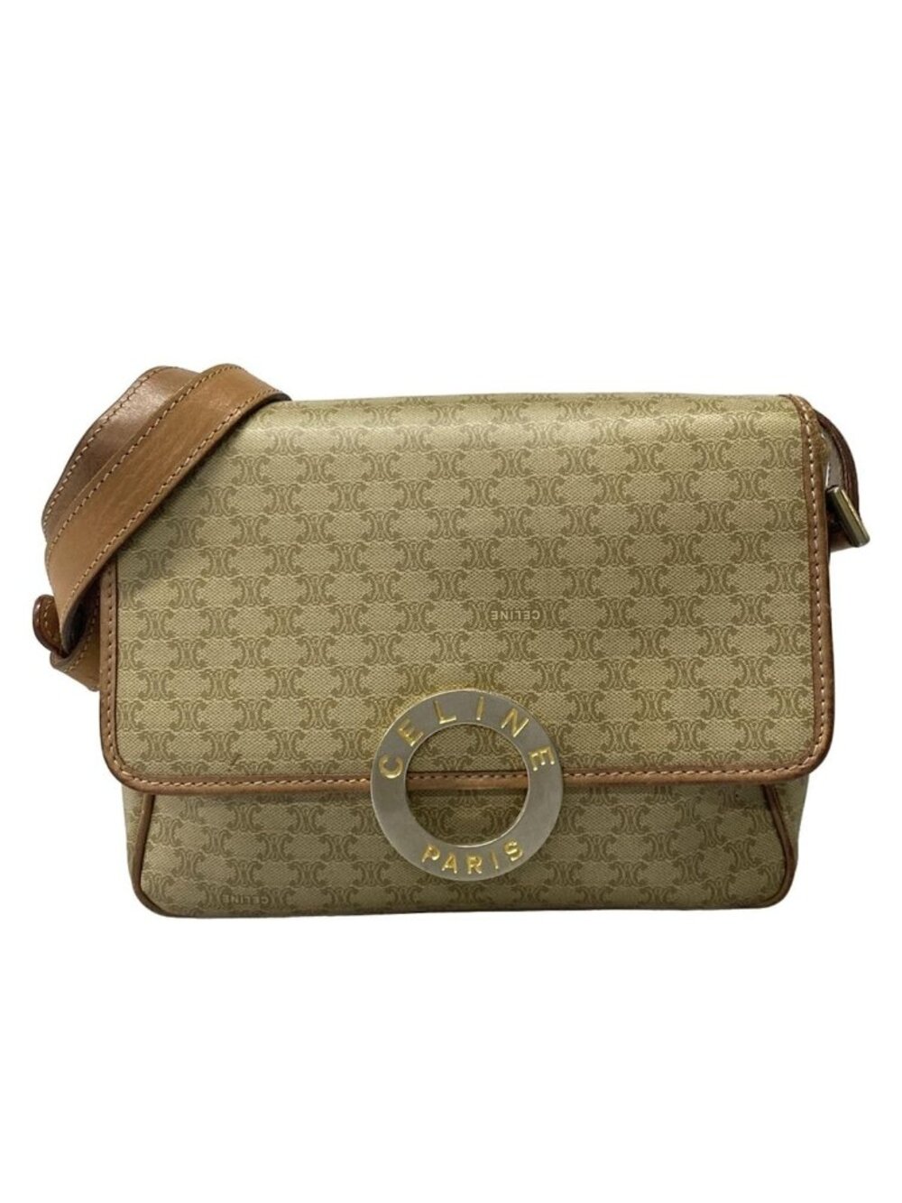 Celine Shoulder Bag Circle Logo Macadam Pattern Khaki Ivory Light Brown Leather - Picture 1 of 11